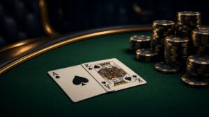 Cartas de blackjack y fichas sobre el tapete verde