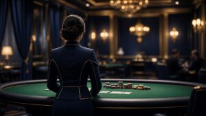 Crupier en una mesa de casino en vivo con iluminación azul y dorada