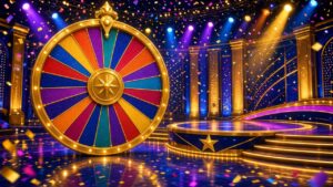 Plató de game show con una gran rueda de premios