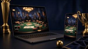 Portátil y móvil mostrando una mesa de casino en vivo