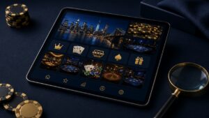 Tableta con un lobby de casino online junto a fichas y una lupa