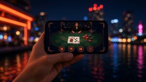 Mano sujetando un móvil con blackjack en vivo